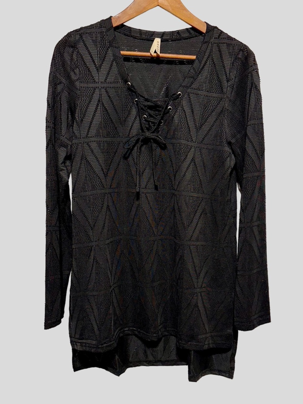 ROPER Black Lace Up Sheer Geometric Mesh Tunic Boho Western Goth Top
